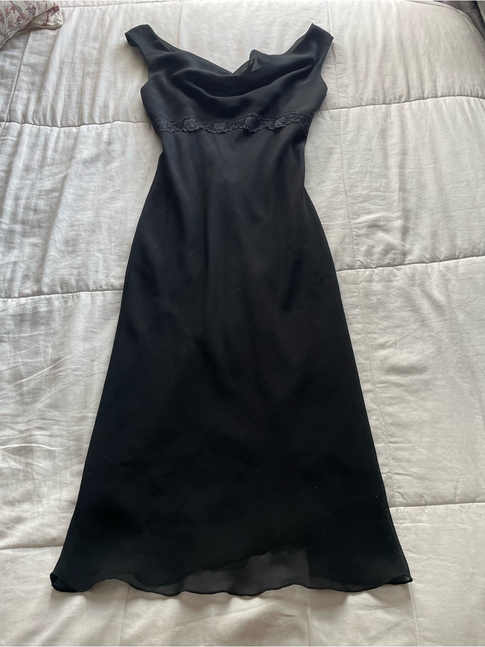 Vintage Black Midi Slip Dress with Lace Trim